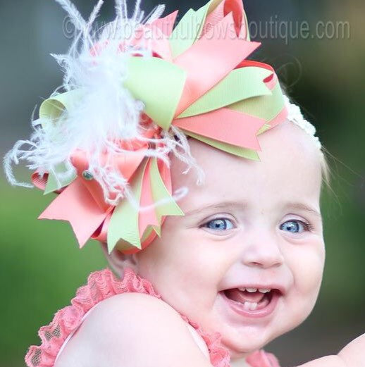 Coral and Green Hair Bow Baby Headband for Girls