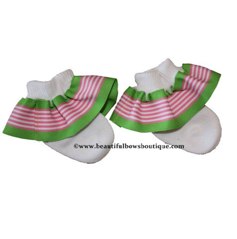 Green and Pink Stripe Ribbon Ruffle Socks