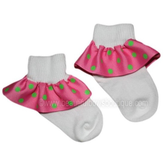 Big Hot Pink & Lime Polka Ruffle Ribbon Socks