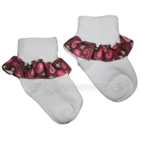 Brown and Hot Pink Paisley Ruffle Ribbon Socks