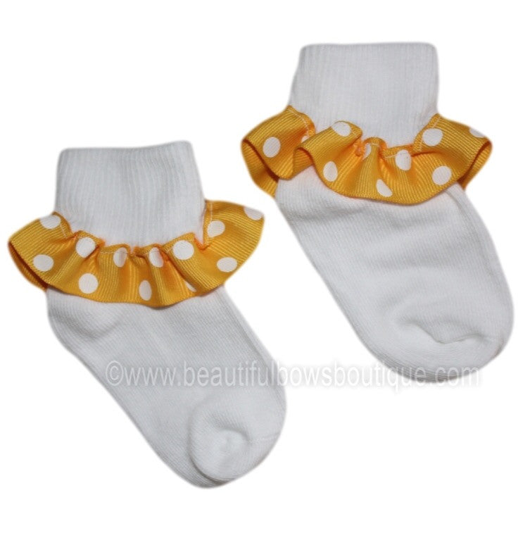 Dark Yellow and White Polka Ribbon Ruffle Socks
