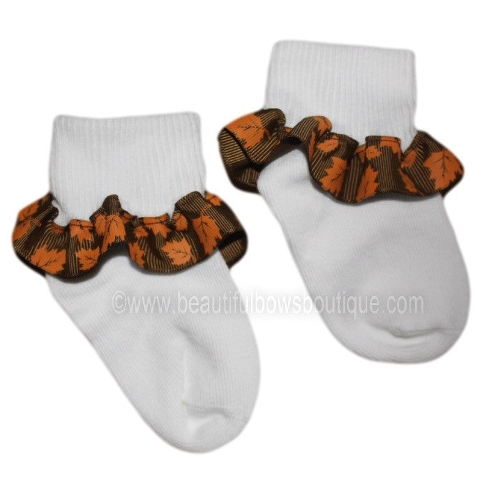 Fall Brown Orange Leaves Thanksgiving Ruffle Ribbon Baby Socks