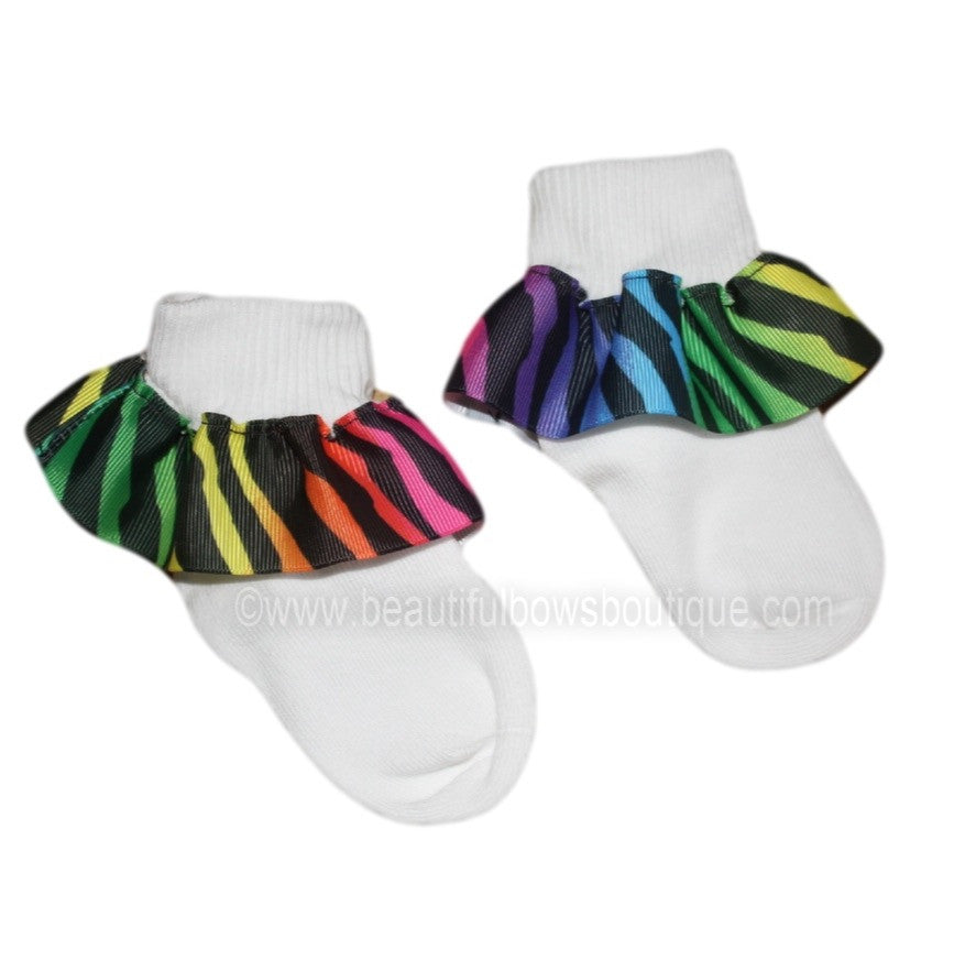 Funky Rainbow Zebra Ruffle Ribbon Socks