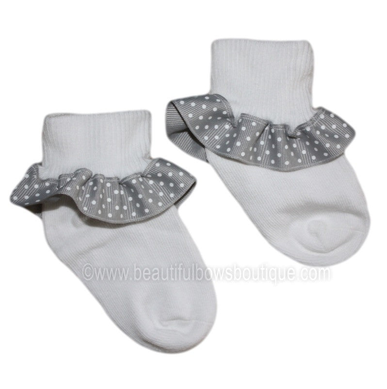 Grey Swiss Dot Ribbon Ruffle Socks