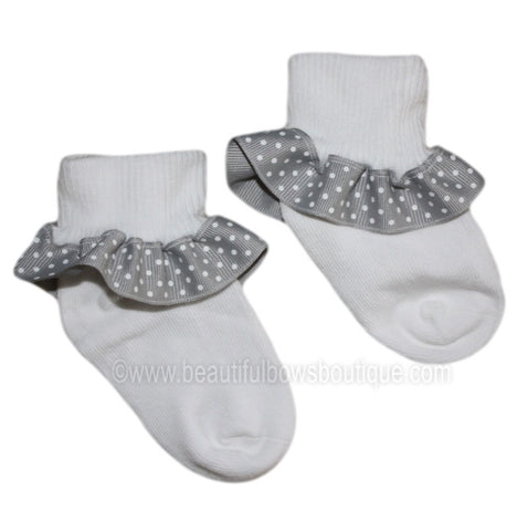 Grey Swiss Dot Ribbon Ruffle Socks