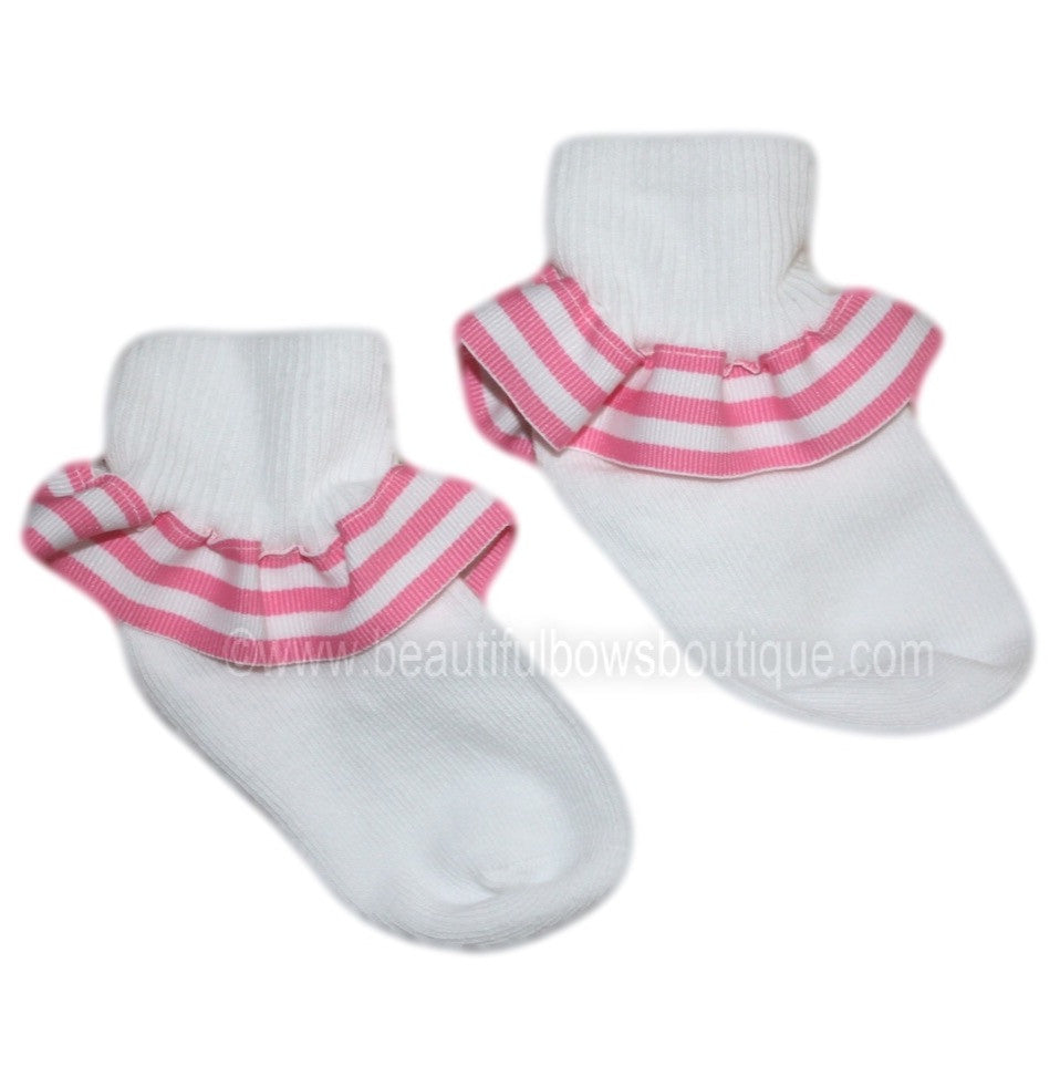 Hot Pink White Stripe Ribbon Ruffle Socks