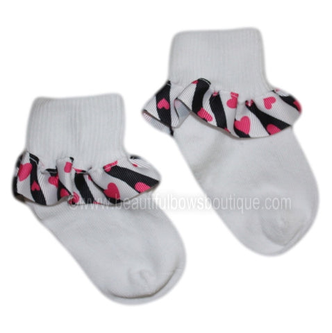 Hot Pink Zebra Hearts Ribbon Ruffle Socks