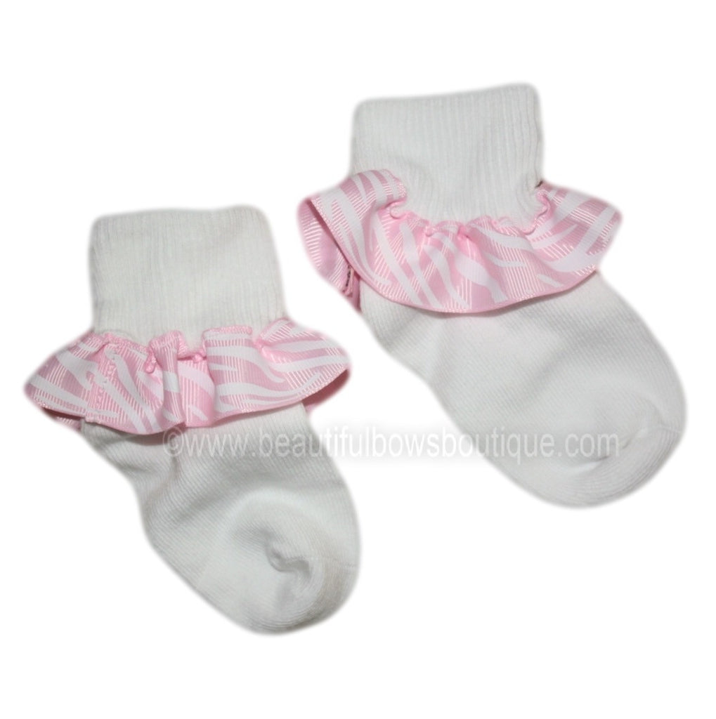 Light Pink and White Zebra Ribbon Ruffle Socks