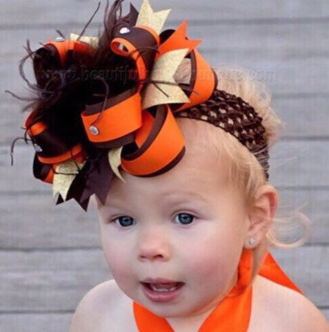 Girls Brown and Orange Big Fall Hair Bow Stacked
