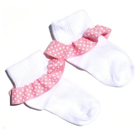 Pink Swiss Dot Ribbon Ruffle Socks