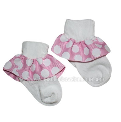 Pink and White Big Dot Ribbon Ruffle Socks