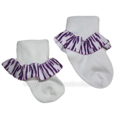 Purple and White Zebra Ribbon Ruffle Socks