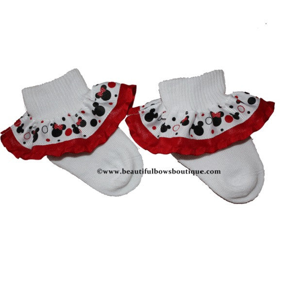 Red and Black Minnie Mouse Ribbon Ruffle Socks