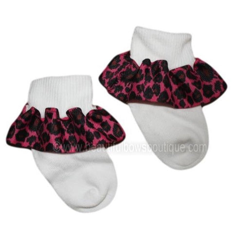 Shocking Pink Leopard Ruffle Ribbon Socks for Babies
