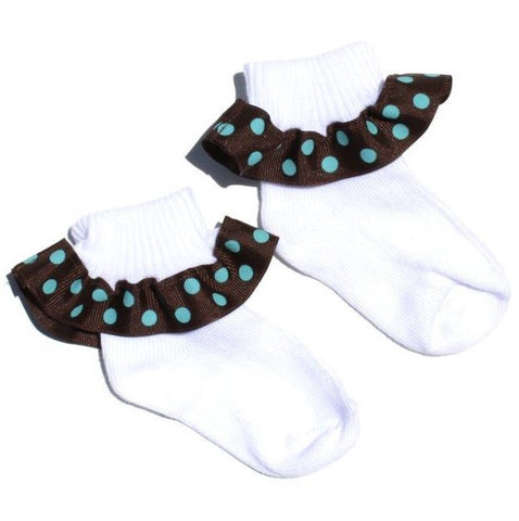 Turquoise Brown Polka Ruffle Ribbon Socks