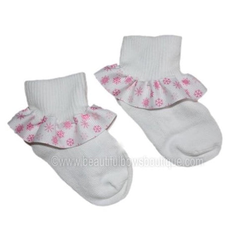 White and Pink Snowflakes Ribbon Ruffle Socks