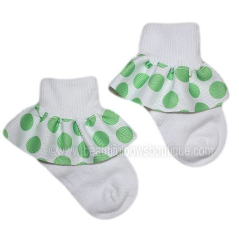White and Lime Green Big Dot Ribbon Ruffle Socks