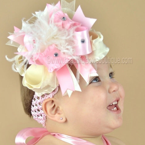 Light Ivory Ruffle and Pink Satin Over The Top Girls Hair Bow Clip or Headband