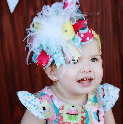 Light Blue Hot Pink and Pastel Yellow Girls Over the Top Hair Bow Clip or Headband