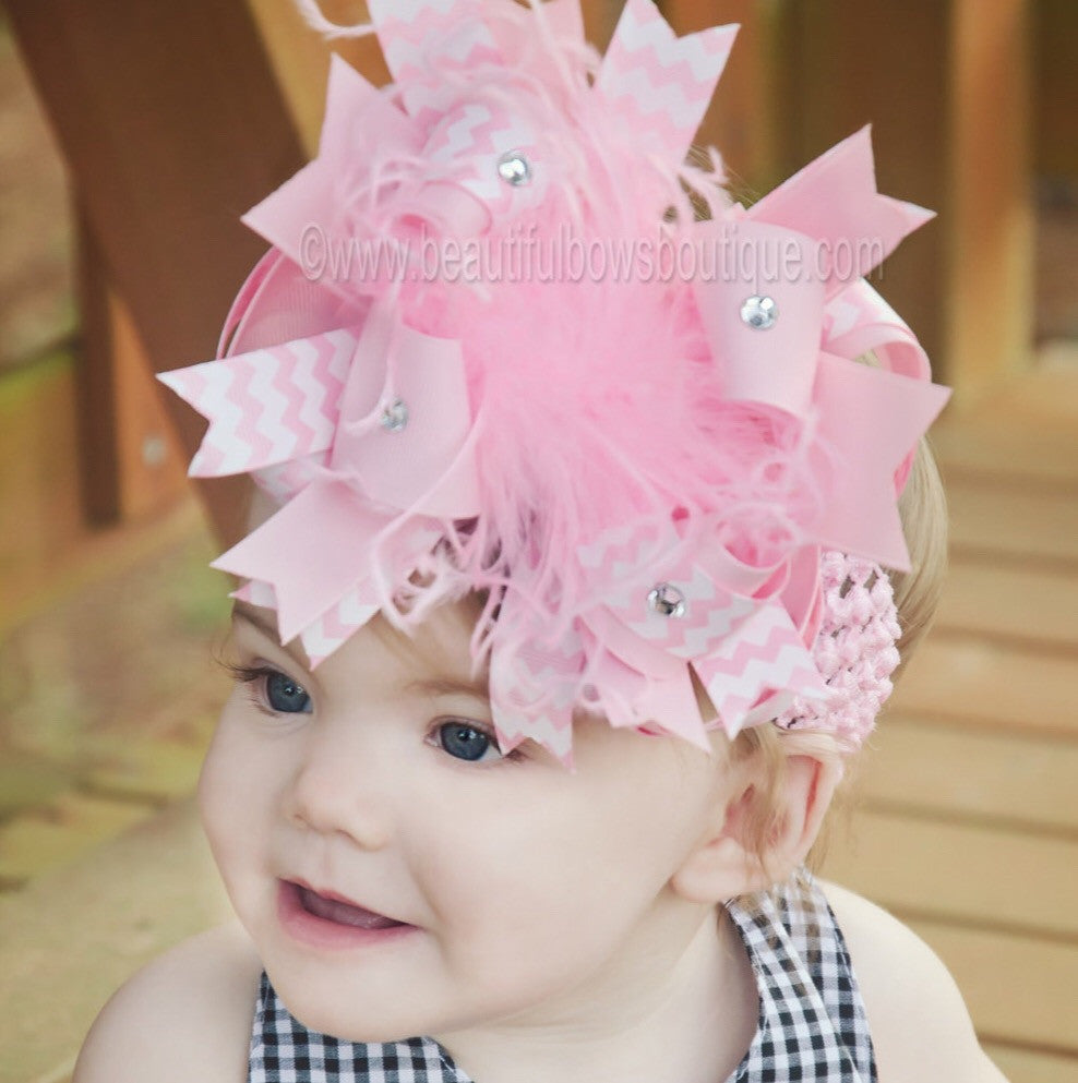 Boutique Pink Chevron Over the Top Big Hair Bow