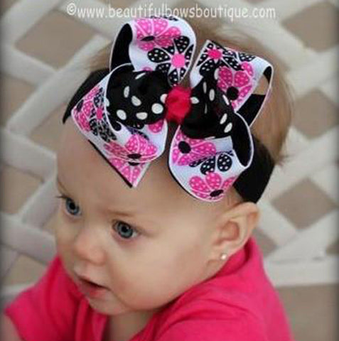 Daisies Black Hot Pink Girls Hair Bow Clip or Headband
