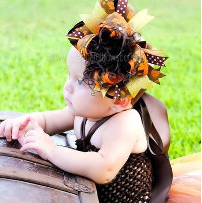 Big Leaves Brown Orange Fall Over The Top Hair Bow or Headband for Babies