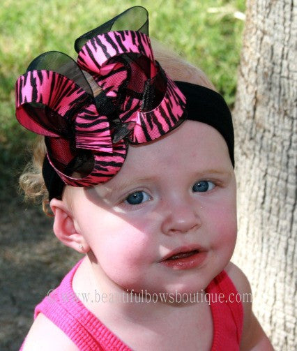 Hot Pink Black Zebra Girls Hair Bow Clip or Headband