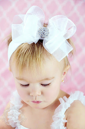 Fancy White Organza Hair Bow Headband for Babies