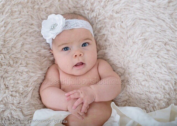 White Baby Girl Headband Christening Headband