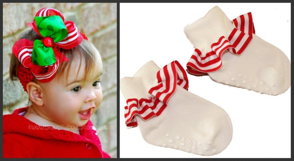 Red and White Stripe Ruffle Socks