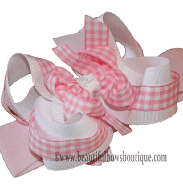 Pink Gingham Girls Hair Bow Clip or Baby Headband