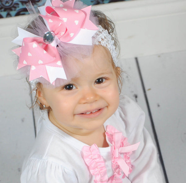 Pink Hearts Tulle Girls Hair Bow Clip or Headband