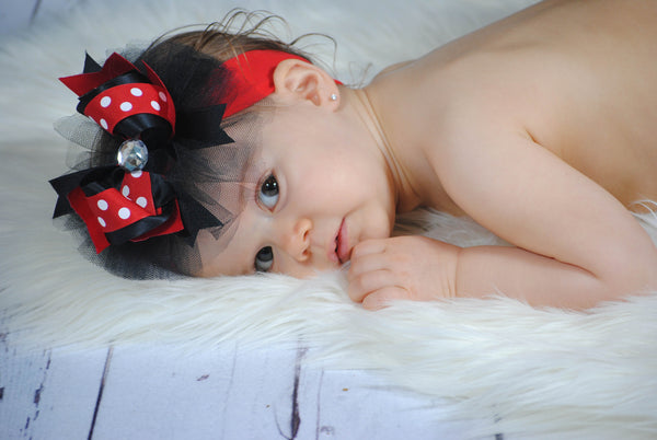 Red and Black Polka Dot Tulle Hair Bow