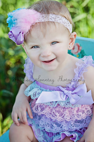 Girls Pastel Lace Baby Romper in Lavender Aqua and Pink