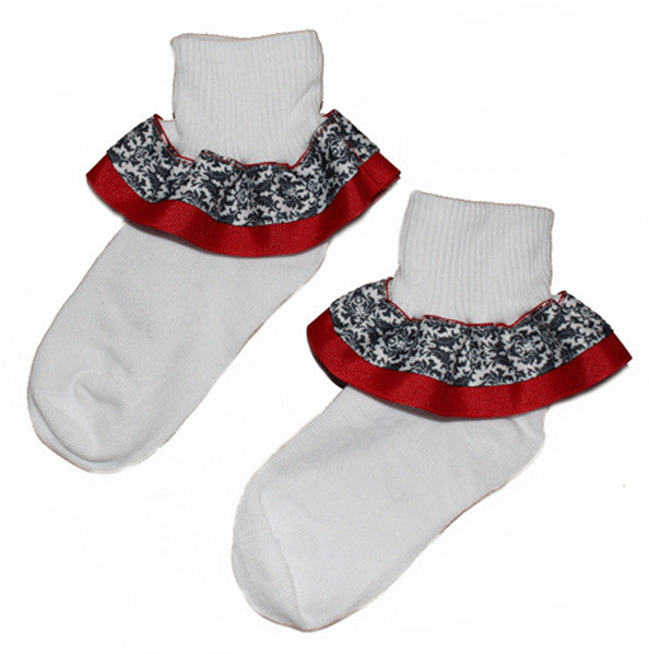 Red, White, and Black Damask Ribbon Ruffle Socks