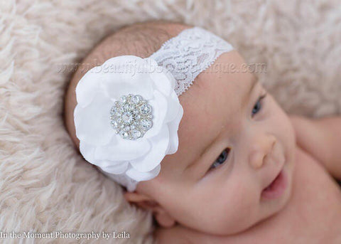 White Baby Girl Headband Christening Headband