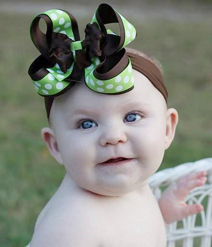 Ruffled Brown and Lime Green Dot Girls Hair Bow Clip or Headband