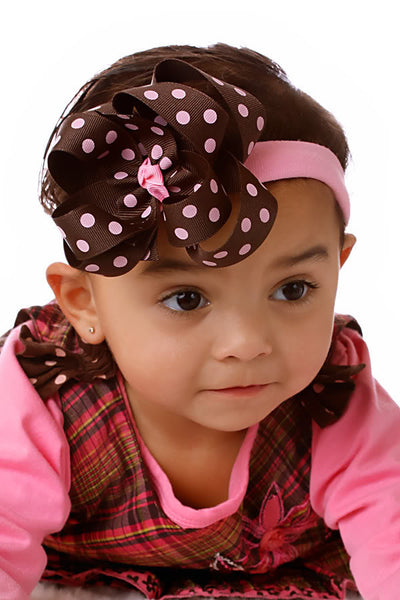 Boutique Pink and Brown Polka Dots Hair Bow Clip or Baby Headband