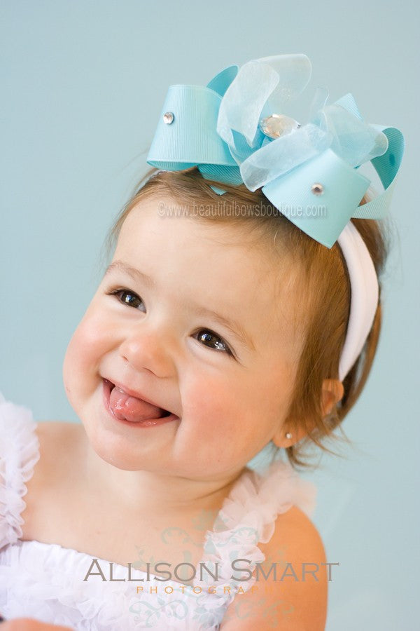 Baby Blue Grosgrain Sheer Bling Girls Hair Bow Clip or Headband-CHOOSE COLOR