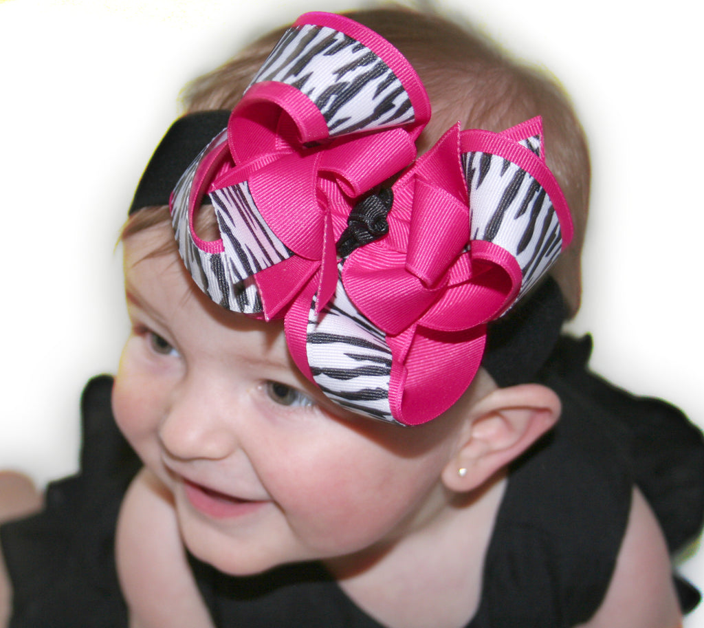 Hot Pink Zebra Girls Hair Bow Clip or Headband