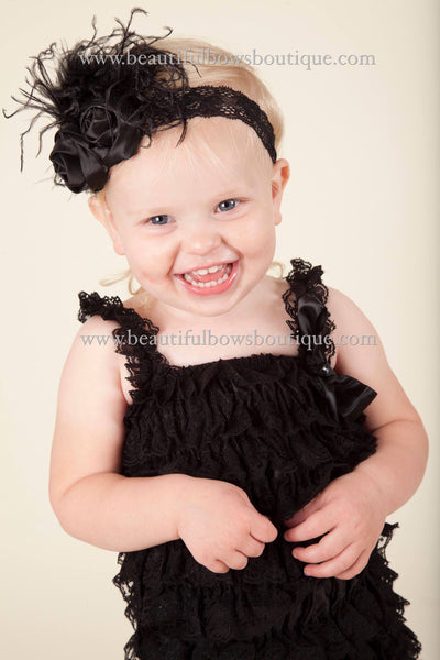 Black Baby Romper and Flower Headband Set, Black Petti Romper
