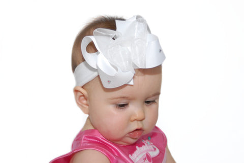 White Bling Baby Headband Bow, White Hair Bow with Diamonds