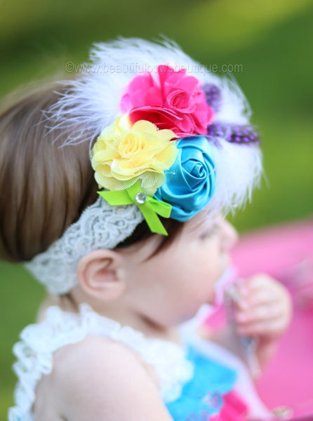 Bright Rainbow Feather Vintage Rose or Girls Lace Headband
