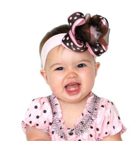 Brown and Pink Polka Marabou Hair Bow Clip or Headband
