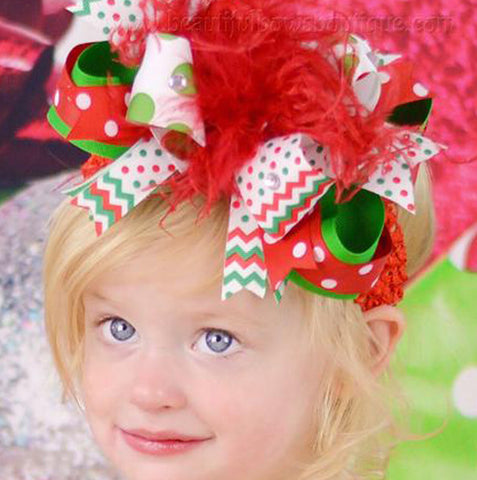 Trendy Chevron Dot Holiday Over the Top Girls Hair Bow Clip or Baby Headband