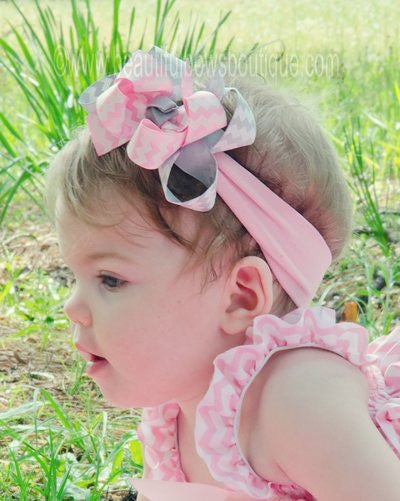 Dainty Light Pink and Grey Chevron Hair Bow Clip or Baby Headband