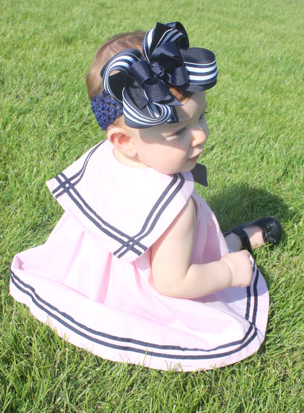 Navy White Stripe Girls Hair Bow Clip or Headband
