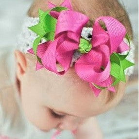 Dainty Raspberry Lime Layered Girls Hair Bow Clip or Headband Set