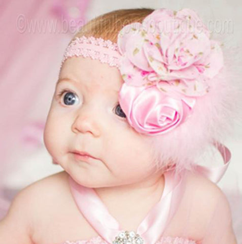 Elegant Floral Chiffon Pink Satin Rosette Vintage Girls Headband