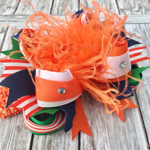 Boutique Fall Hairbow Orange Green and Navy Blue